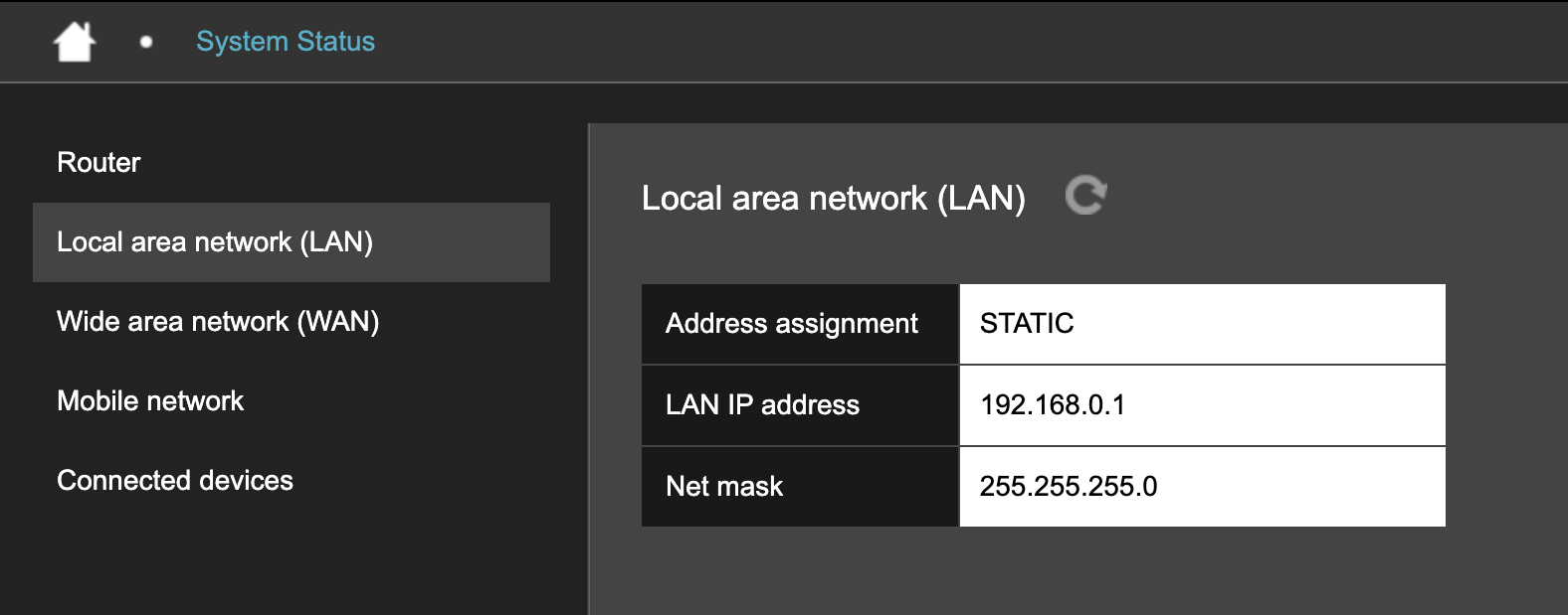 Local area network system status page showing LAN address assignment, IP address, and net mask.